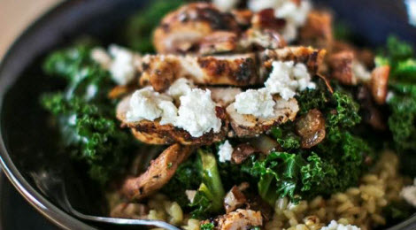 Spice-rubbed chicken with wilted kale and mushroom salad