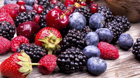 Blueberries, strawberries, and raspberries. 