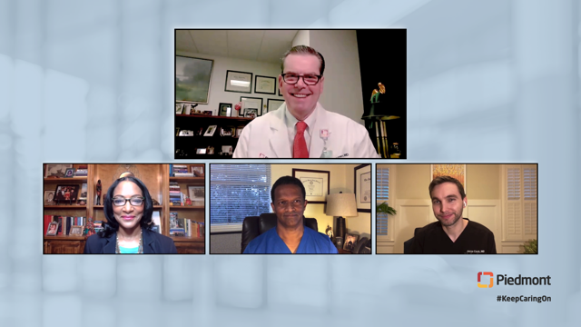 screenshot of a video call between four physicians discussing COVID-19 vaccines