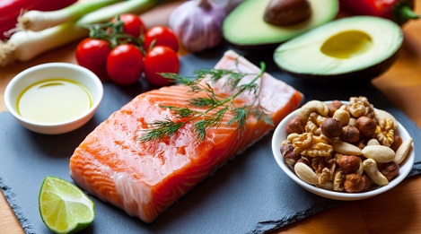 Salmon, nuts, avocado, and tomatoes.