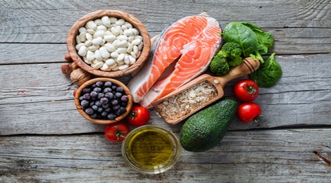 Healthy foods displayed on a table. 