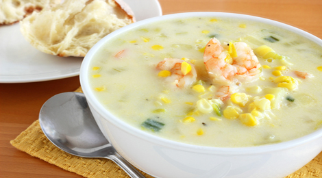 Shrimp and corn chowder  on a table