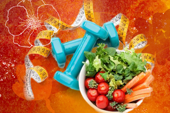 photo of a bowl of fresh vegetables next to a tape measure and dumbbells