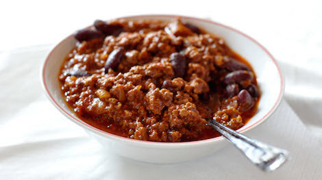 Chicken chili with sweet potatoes and cheddar cheese