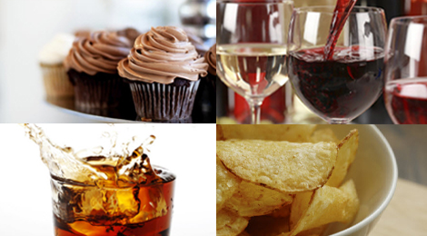 Desserts, wine, chips, and cola.