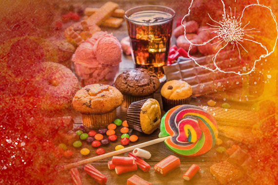 photo of sugary foods including candy, muffins, ice cream and soda