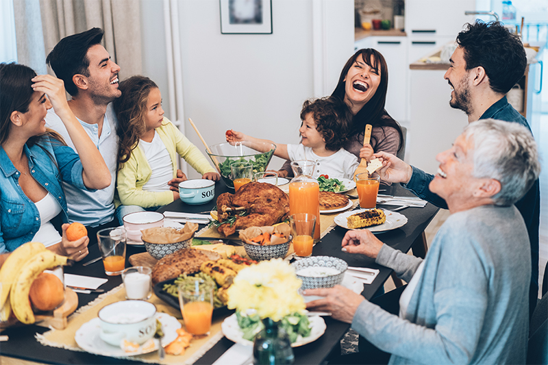 A family shares a holiday dinner.